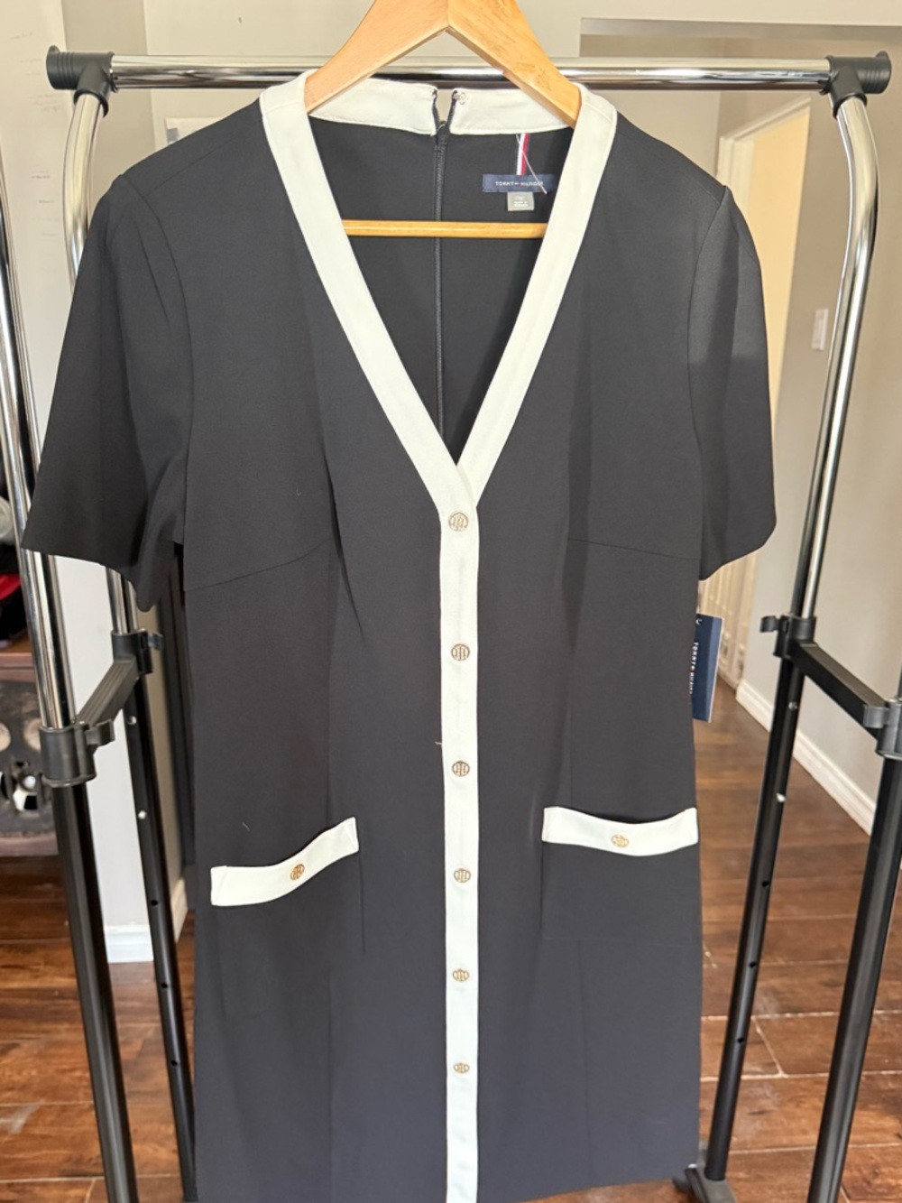 Tommy Hilfiger Black Dress with White Collar and Signature Stripe